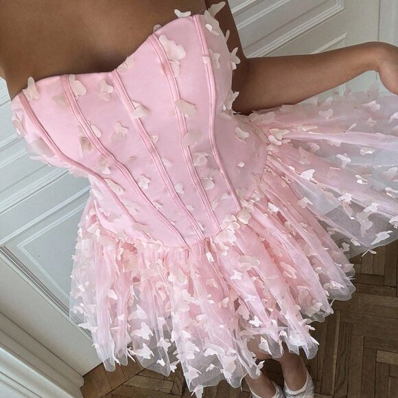 Pink Elegant Women's Cute & Sexy 3d Butterfly Decor Puff Dress - Picture 7 of 7